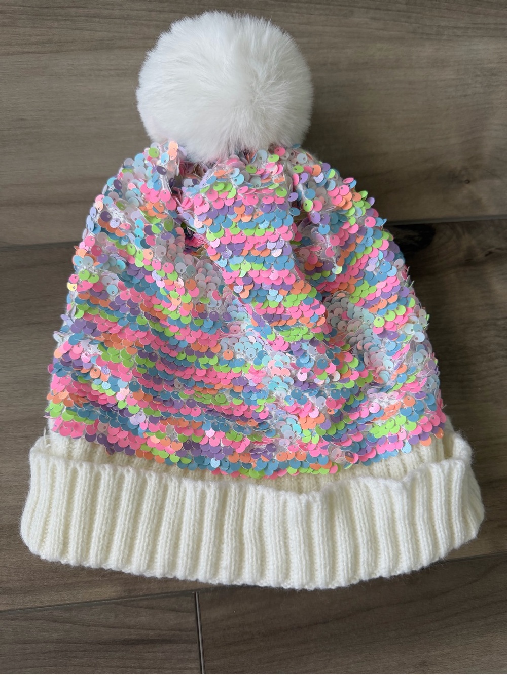 Kids White Pom Pom Sequin Beanie Hat (up to 4T)